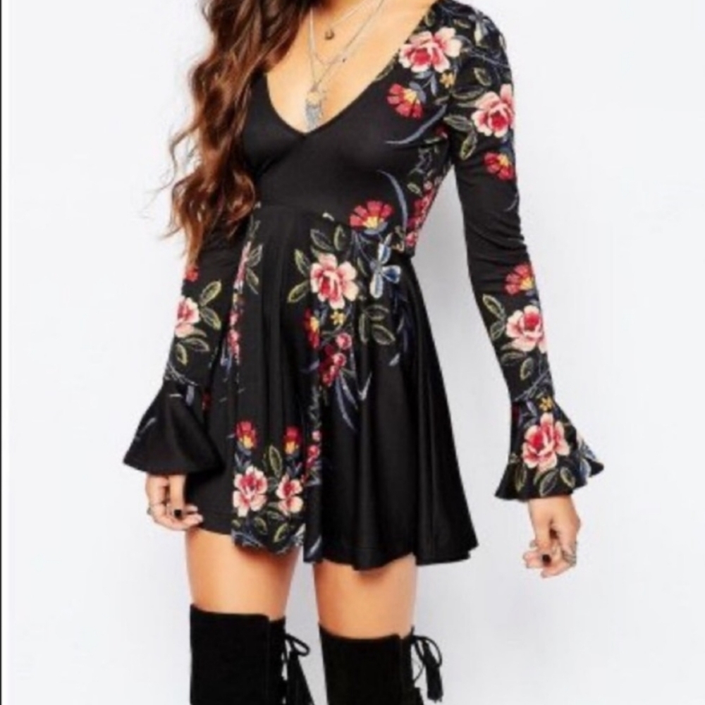 Free People Date Night Black Floral Skater Mini Dress